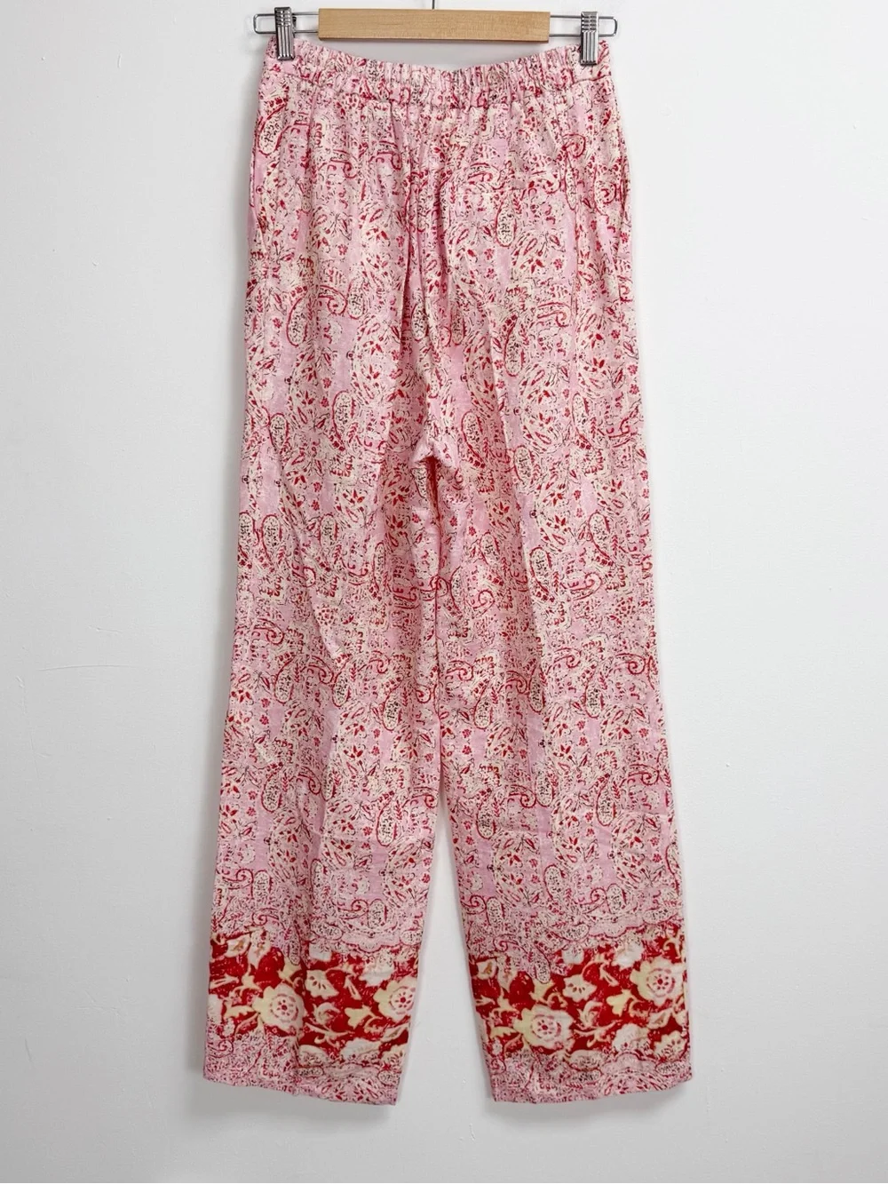 Zara Pants Womens Medium Pink Paisley Floral Linen Blend Pull On Stretch Waist